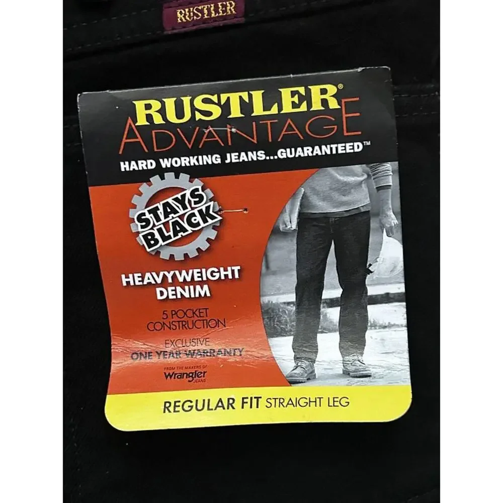 NWT Rustler by Wrangler Heavyweight Regular Fit Straight Leg Black Jeans 38X30